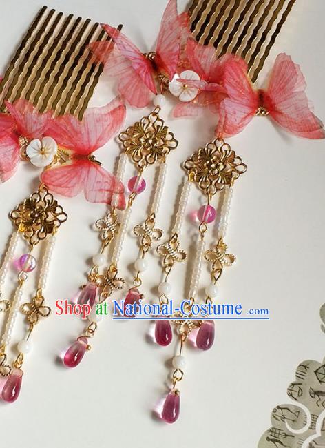 Handmade Chinese Traditional Red Butterfly Hair Combs Ancient Classical Hanfu Hair Accessories for Women