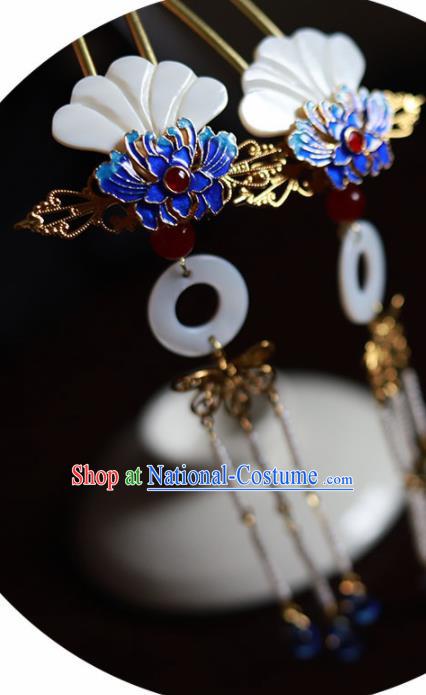 Handmade Chinese Traditional Blueing Lotus Shell Hairpins Ancient Classical Hanfu Hair Accessories for Women