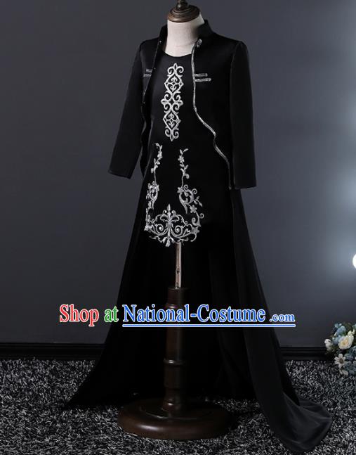 Children Modern Dance Costume Stage Performance Compere Black Full Dress for Girls Kids