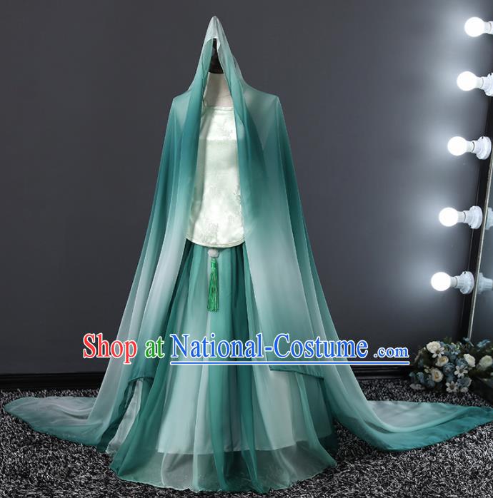 Children Modern Dance Costume Chinese Stage Performance Compere Green Full Dress for Girls Kids