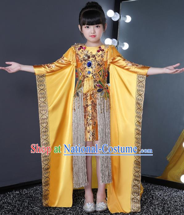 Children Modern Dance Costume Stage Performance Compere Golden Full Dress for Girls Kids