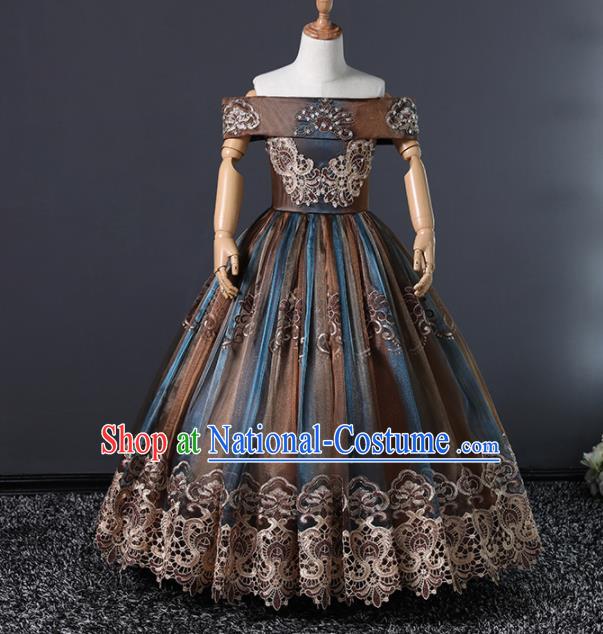 Children Stage Performance Costume Ballroom Dance Compere Brown Full Dress for Girls Kids