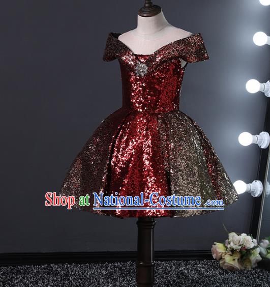 Children Stage Performance Catwalks Costume Ballroom Dance Compere Wine Red Bubble Dress for Girls Kids