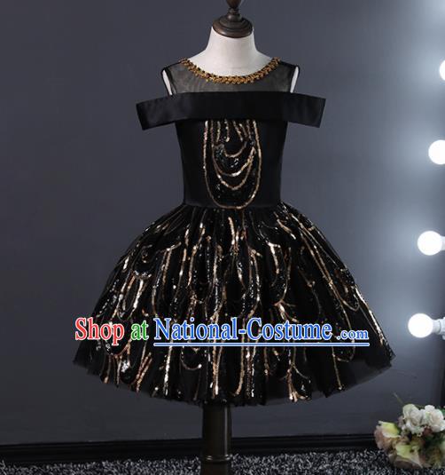 Children Stage Performance Catwalks Costume Ballroom Dance Compere Black Bubble Dress for Girls Kids