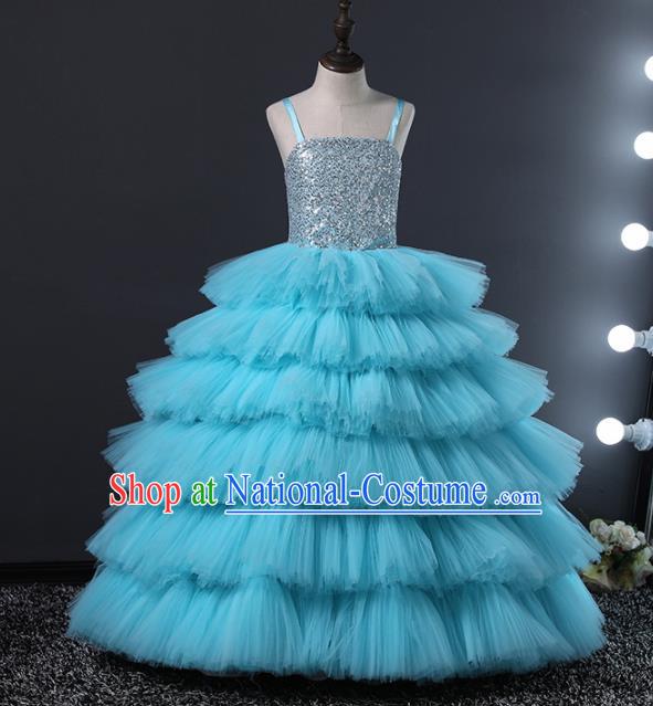 Children Stage Performance Catwalks Costume Ballroom Dance Compere Blue Veil Full Dress for Girls Kids