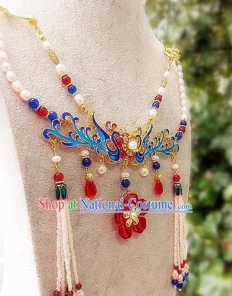 Chinese Traditional Blueing Necklace Traditional Classical Hanfu Jewelry Accessories for Women