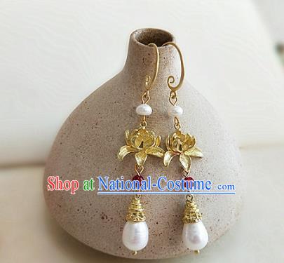 Chinese Ancient Handmade Lotus Pearls Earrings Traditional Classical Hanfu Ear Jewelry Accessories for Women