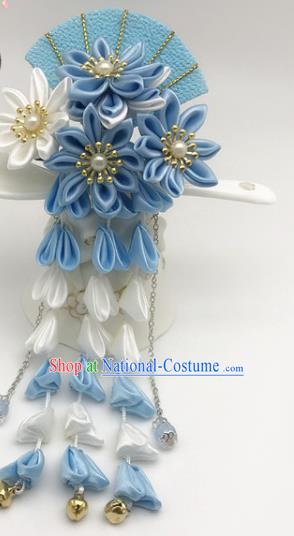 Asian Japanese Traditional Handmade Blue Fan Hairpins Japan Classical Kimono Hair Accessories for Women