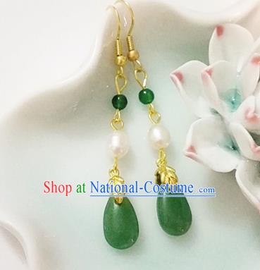 Chinese Ancient Handmade Green Agate Pearl Earrings Traditional Classical Hanfu Ear Jewelry Accessories for Women