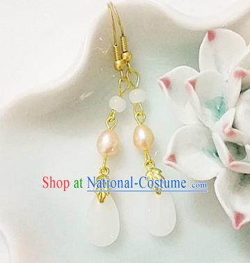 Chinese Ancient Handmade White Agate Pearl Earrings Traditional Classical Hanfu Ear Jewelry Accessories for Women