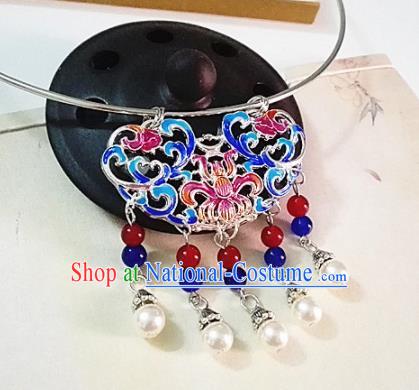 Chinese Traditional Hanfu Cloisonne Blue Necklace Traditional Classical Jewelry Accessories for Women