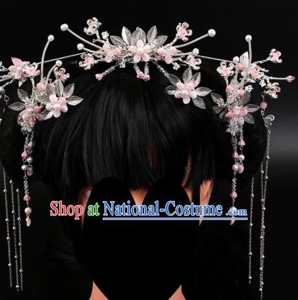 Chinese Ancient Traditional Hanfu Pink Flowers Phoenix Coronet Hairpins Handmade Classical Hair Accessories for Women