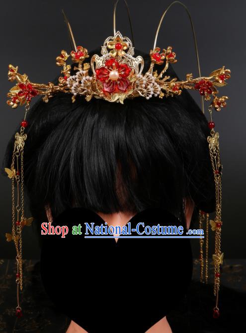 Chinese Ancient Traditional Hanfu Red Flowers Phoenix Coronet Hairpins Handmade Classical Hair Accessories for Women