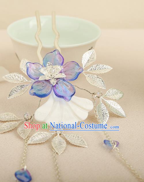 Chinese Ancient Traditional Hanfu Blue Flower Tassel Hairpins Handmade Classical Hair Accessories for Women