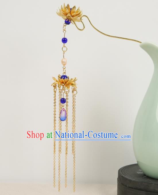 Chinese Ancient Traditional Hanfu Hairpins Golden Lotus Tassel Hair Clips Handmade Classical Hair Accessories for Women