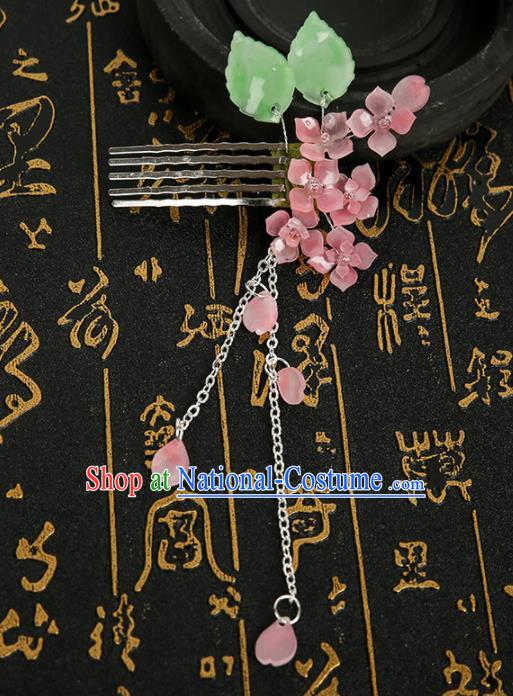 Chinese Ancient Traditional Hanfu Pink Flowers Tassel Hair Comb Handmade Classical Hair Accessories for Women