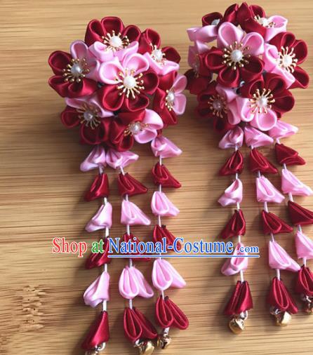 Asian Japanese Traditional Kimono Red Flowers Hair Stick Japan Handmade Classical Hair Accessories for Women