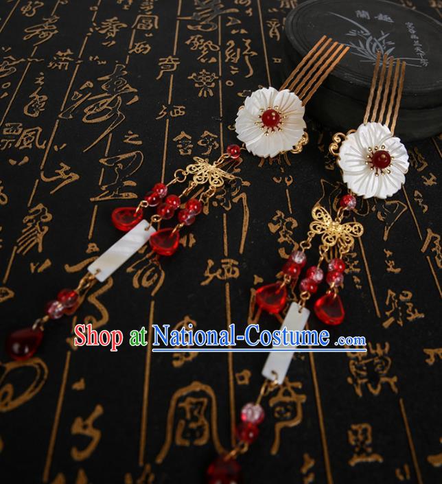 Chinese Ancient Traditional Hanfu Red Tassel Hair Comb Hairpins Handmade Classical Hair Accessories for Women