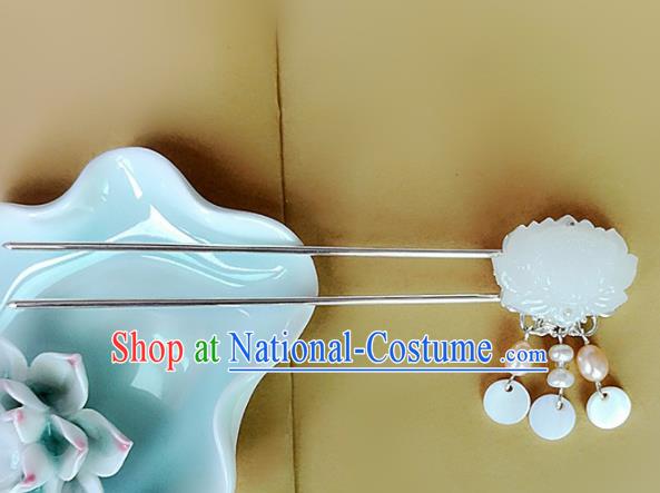 Chinese Ancient Traditional Hanfu Carving Lotus Jade Hairpins Handmade Classical Hair Accessories for Women