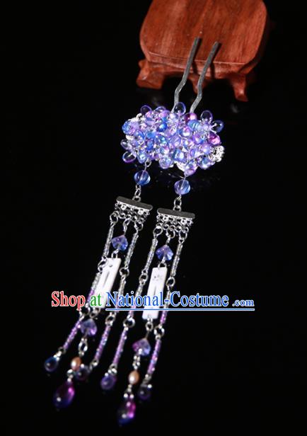 Chinese Ancient Traditional Hanfu Purple Crystal Tassel Hairpins Handmade Classical Hair Accessories for Women