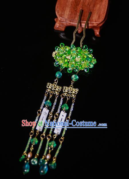 Chinese Ancient Traditional Hanfu Green Crystal Tassel Hairpins Handmade Classical Hair Accessories for Women