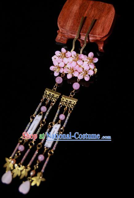 Chinese Ancient Traditional Hanfu Pink Crystal Tassel Hairpins Handmade Classical Hair Accessories for Women