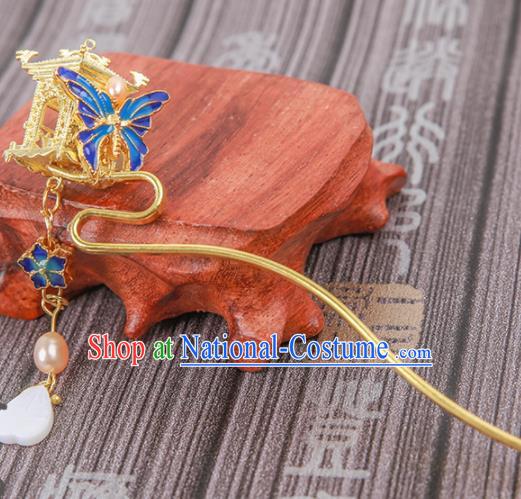 Chinese Ancient Traditional Hanfu Blueing Butterfly Tassel Hairpins Handmade Classical Hair Accessories for Women