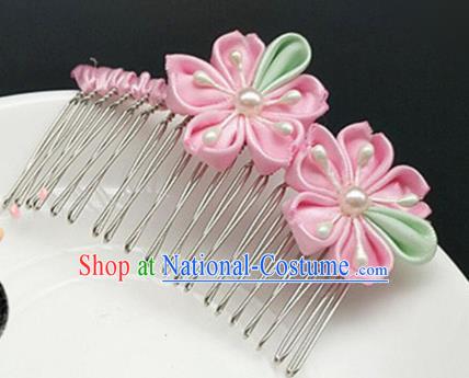 Asian Japanese Traditional Geisha Pink Hair Comb Japan Kimono Handmade Classical Hair Accessories for Women