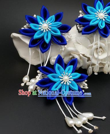 Asian Japanese Traditional Geisha Blue Flowers Hair Stick Japan Kimono Handmade Classical Hair Accessories for Women