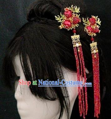 Chinese Ancient Traditional Red Pomegranate Tassel Hairpins Handmade Classical Hair Accessories for Women