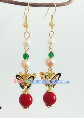 Chinese Ancient Handmade Pearls Butterfly Earrings Traditional Classical Hanfu Ear Jewelry Accessories for Women