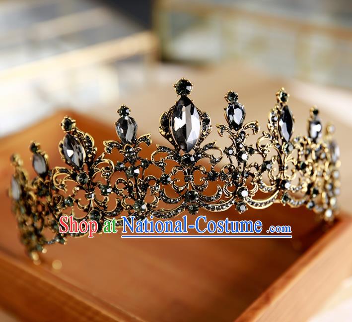 Handmade Top Grade Bride Hair Accessories Baroque Black Crystal Round Royal Crown for Women