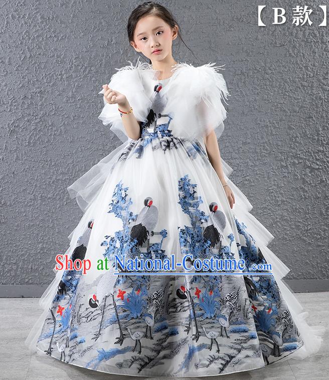 Children Modern Dance Costume Chinese Compere Catwalks Printing Cranes Full Dress for Kids