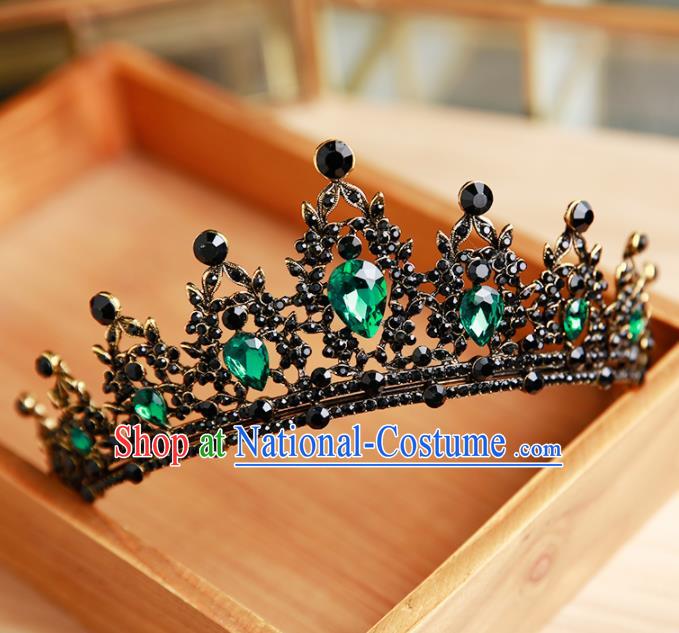 Handmade Top Grade Bride Hair Accessories Baroque Queen Green Crystal Black Royal Crown for Women