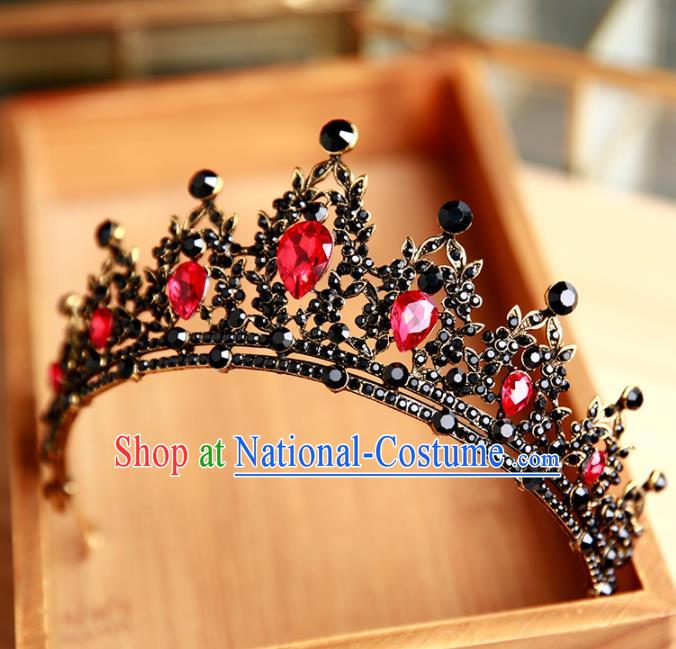 Handmade Top Grade Bride Hair Accessories Baroque Queen Red Crystal Black Royal Crown for Women