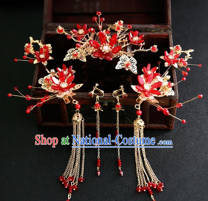 Chinese Ancient Traditional Hanfu Red Flowers Hair Comb Hairpins Handmade Classical Hair Accessories for Women