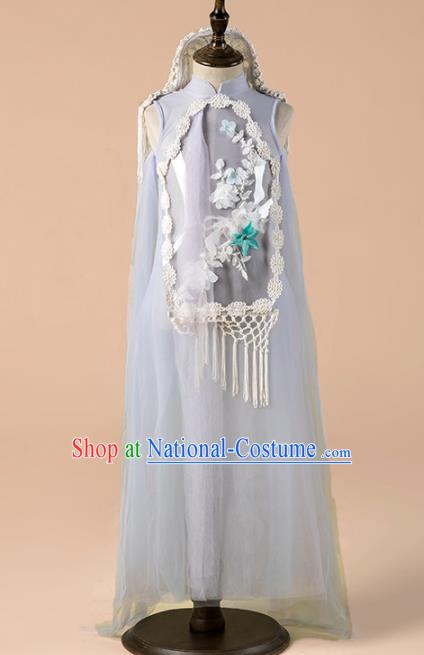 Children Catwalks Costume Girls Compere Modern Dance Lilac Veil Qipao Dress for Kids