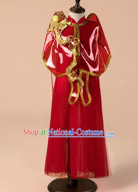 Children Catwalks Costume Girls Compere Modern Dance Red Veil Qipao Dress for Kids