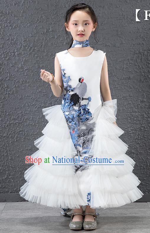 Children Modern Dance Costume Chinese Compere Catwalks White Veil Dress for Kids