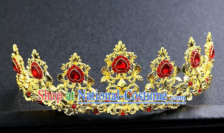 Top Grade Handmade Red Crystal Golden Royal Crown Hair Accessories Baroque Princess Hair Clasp for Women