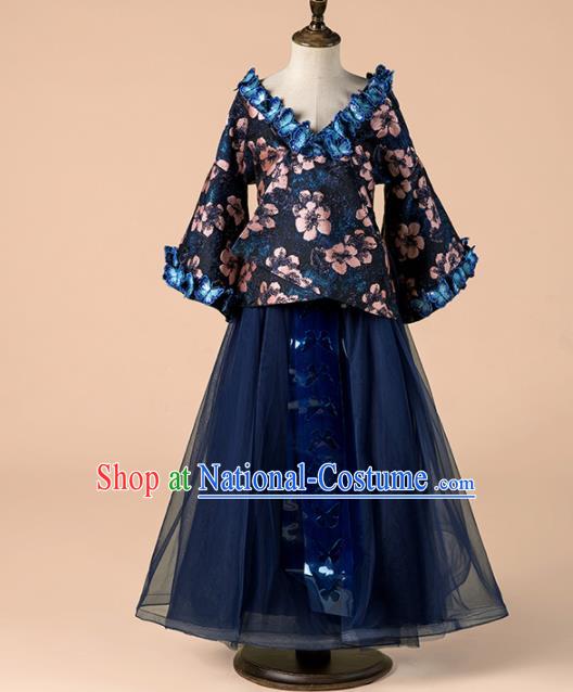 Children Catwalks Costume Girls Compere Modern Dance Navy Veil Full Dress for Kids