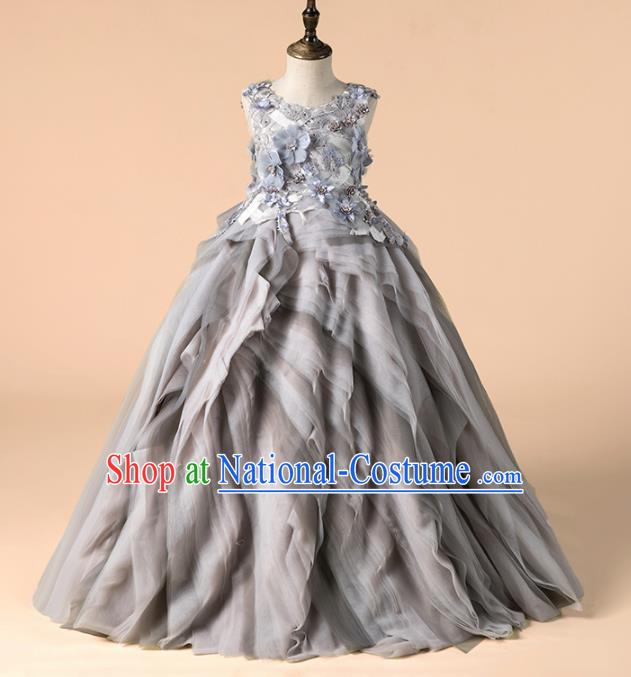 Children Catwalks Costume Girls Catwalks Compere Modern Dance Grey Veil Full Dress for Kids