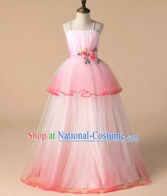 Children Catwalks Costume Girls Catwalks Compere Modern Dance Pink Veil Full Dress for Kids