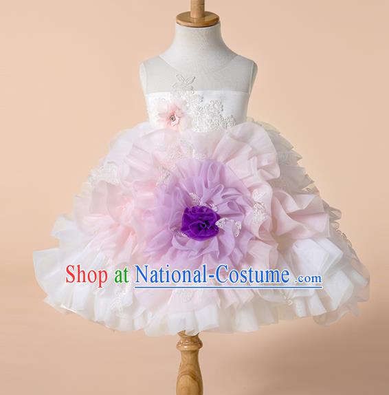 Children Princess Catwalks Costume Girls Compere Modern Dance White Veil Bubble Full Dress for Kids