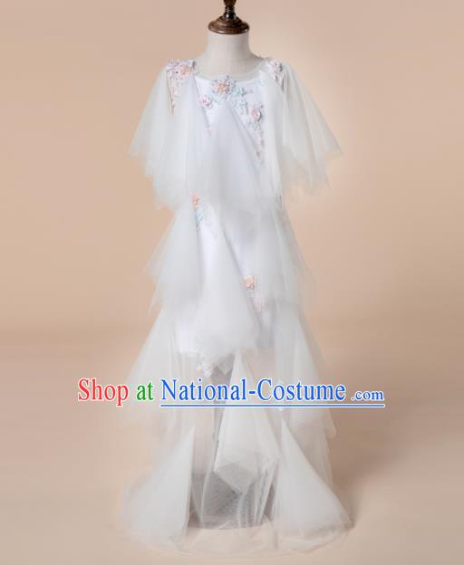 Children Princess Catwalks Costume Girls Compere Modern Dance White Veil Full Dress for Kids