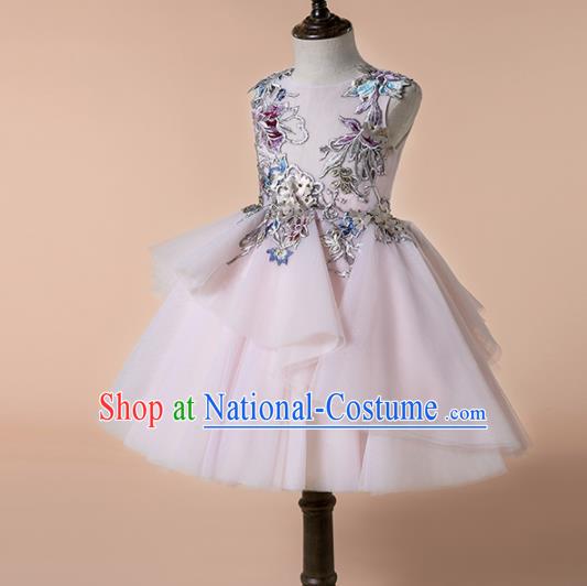 Children Princess Catwalks Costume Girls Compere Modern Dance Pink Veil Bubble Full Dress for Kids