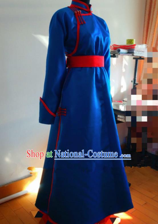 Traditional Chinese Mongol Nationality Costumes Mongols Female Folk Dance Ethnic Royalblue Dress for Women