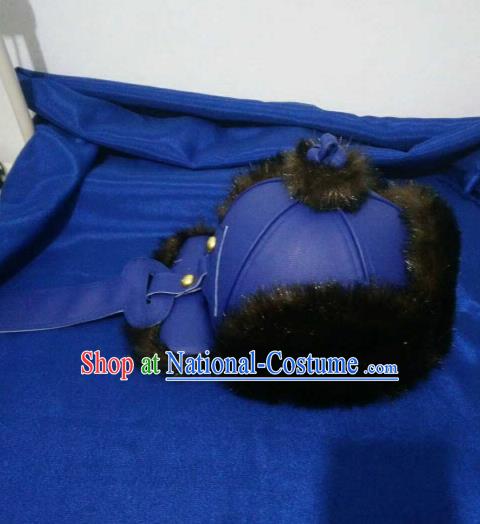 Traditional Chinese Mongol Nationality Hats Mongols Folk Dance Blue Leather Hat for Men