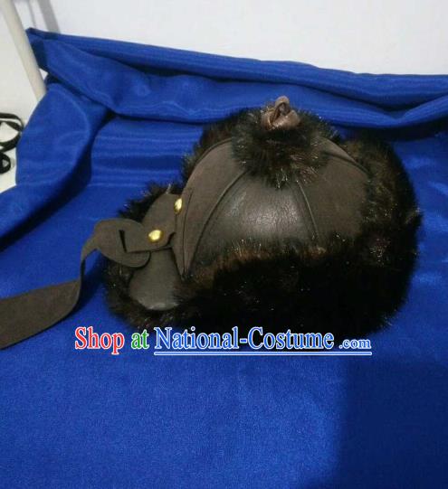 Traditional Chinese Mongol Nationality Hats Mongols Folk Dance Black Leather Hat for Men