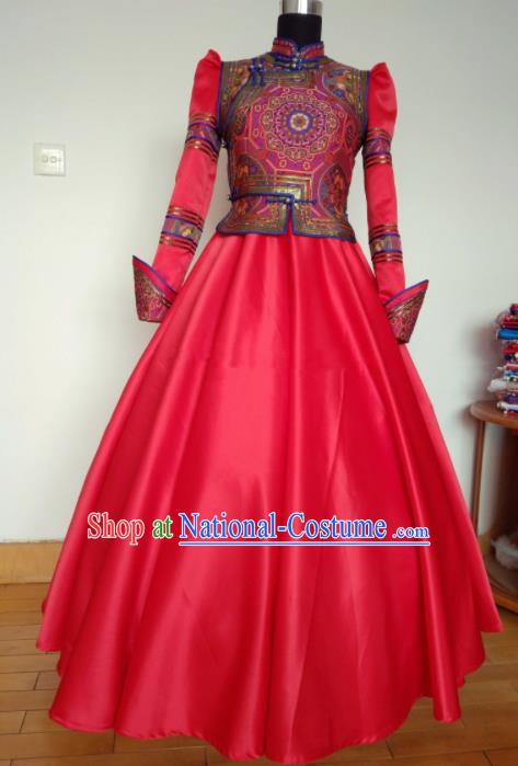 Traditional Chinese Mongol Nationality Wedding Costumes Mongols Female Folk Dance Ethnic Red Dress for Women